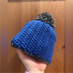 Newborn sized handmade Royal Blue Gray trim 
 Pom-Pom Beanie hat baby infant
